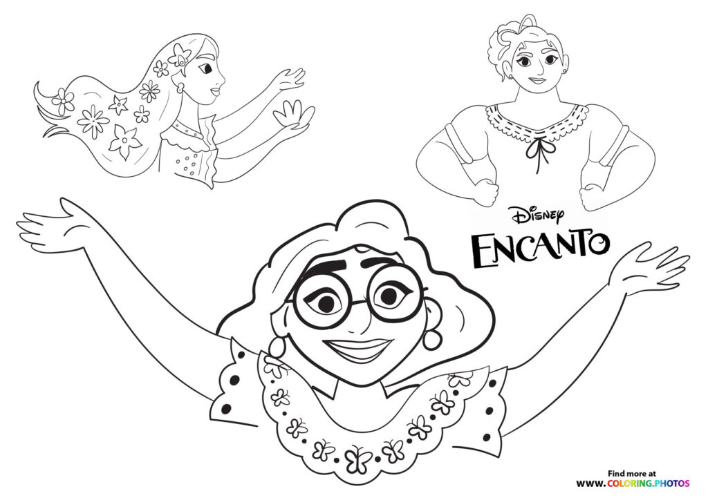 Mirabel, Isabela, and Abuela Madrigal from Disney's Encanto coloring page