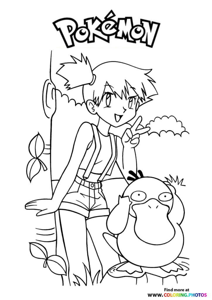 Ash Ketchum posing with Psyduck and a fishing rod coloring page from Pokemon