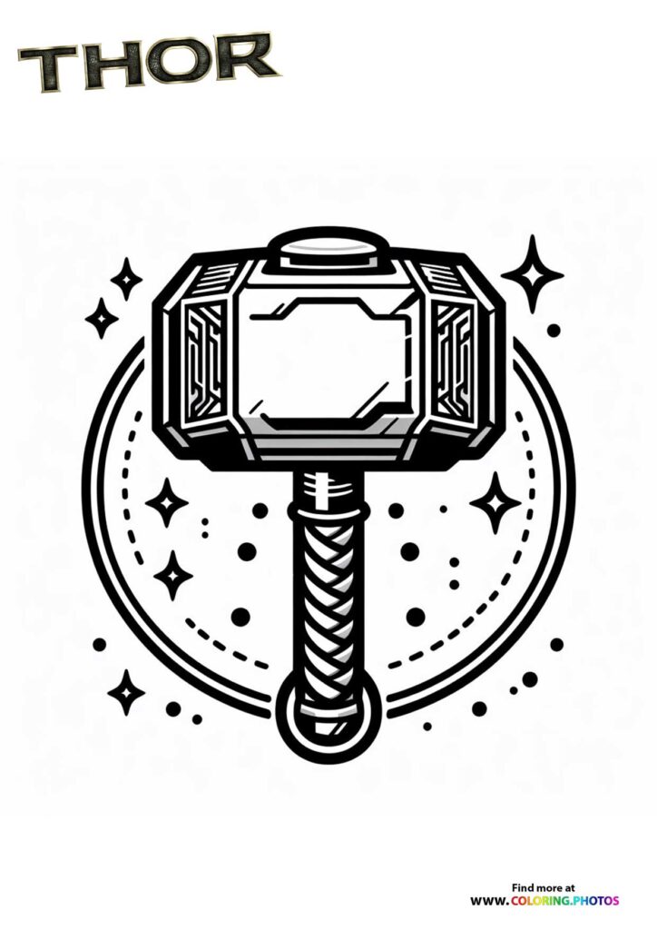 Thor's hammer Mjolnir with ornate head and braided handle surrounded by sparkles coloring page