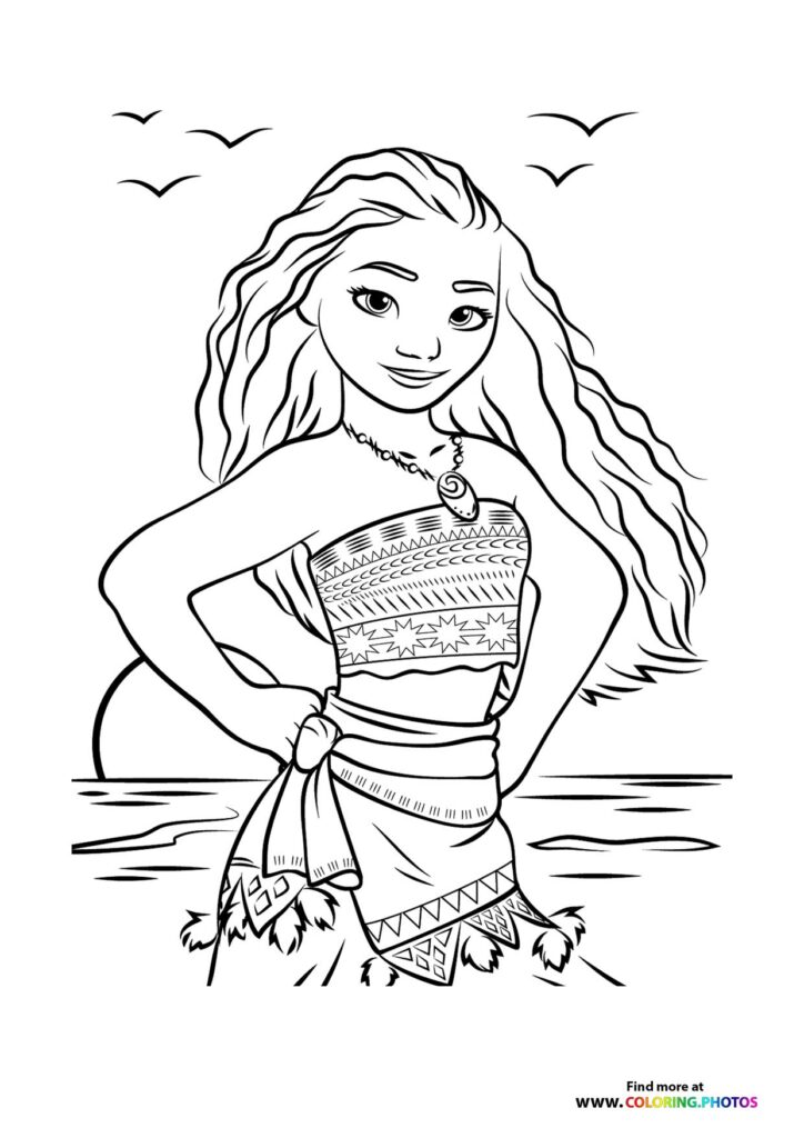 Moana wearing traditional island dress with geometric patterns, standing by the ocean with flying birds in background coloring page