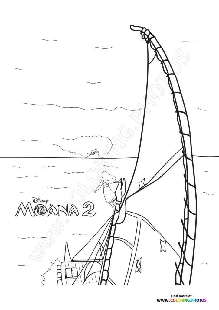 Moana standing on an outrigger canoe with a tall sail, holding a rope and sailing across the ocean from Moana 2 coloring page