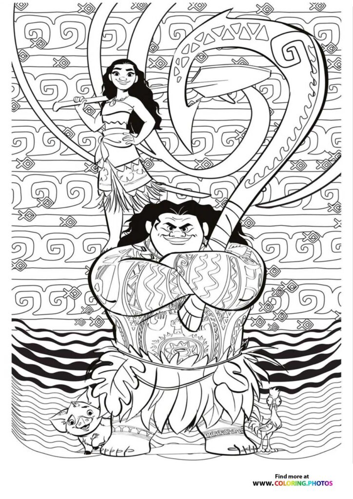 Moana and giant Tamatoa the crab with shell patterns and Polynesian designs coloring page from Moana 2