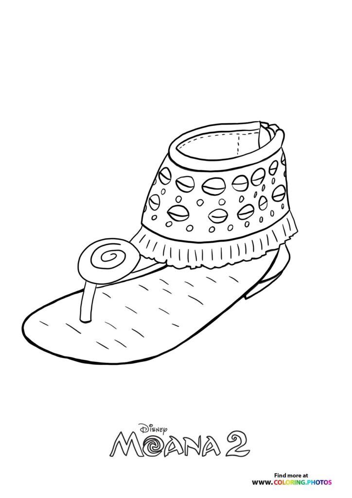 Moana's magical boot with shell patterns and fringe trim coloring page from Moana 2
