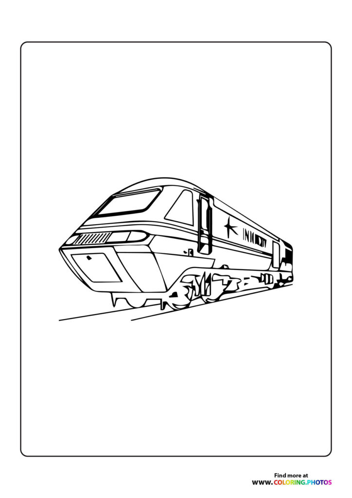 Modern bullet train with aerodynamic design, windows, and side stripes on rails coloring page