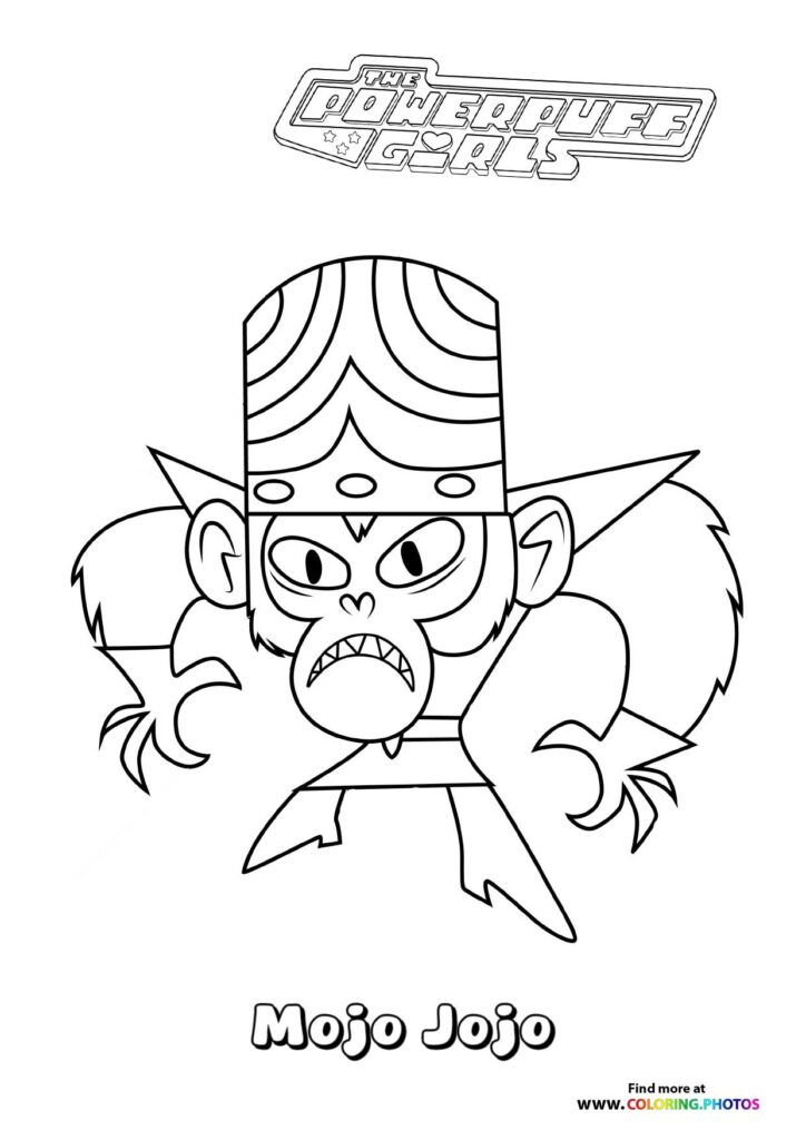 Mojo Jojo with tall pompadour hair, angry face, and clawed hands coloring page from The Powerpuff Girls