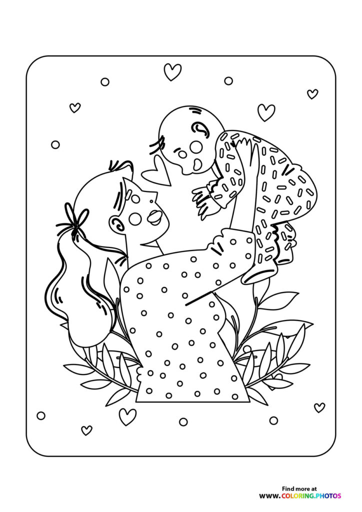 Mother in polka dot dress holding baby up high with hearts and leaves around them, Mother's Day coloring page