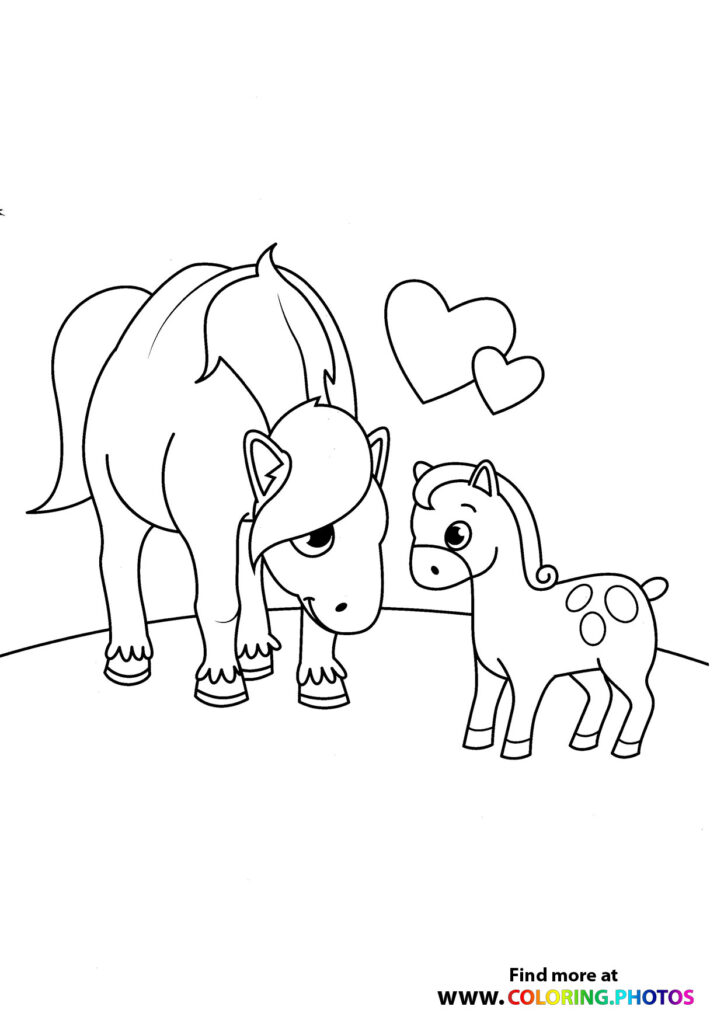 Mother horse with foal and floating hearts coloring page