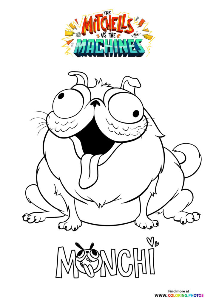 Monchi the pug with bulging eyes and happy expression coloring page from The Mitchells vs the Machines