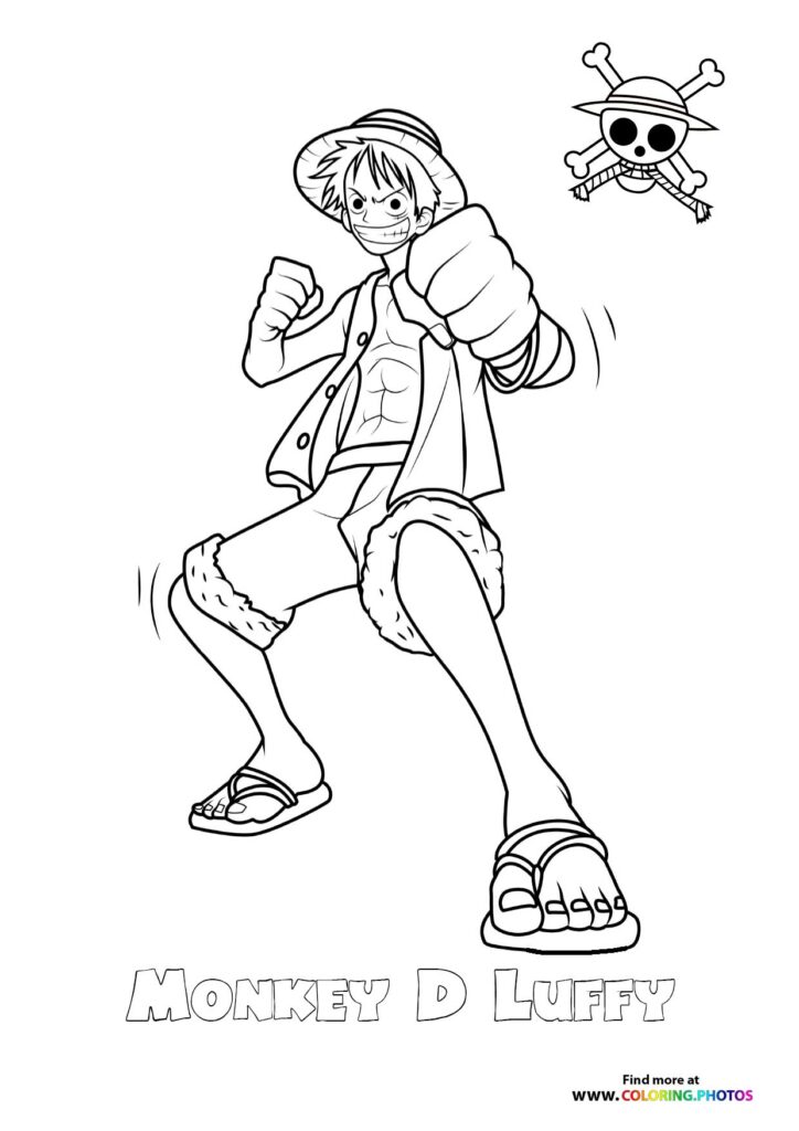 Monkey D. Luffy in straw hat and jacket with fists up, Straw Hat Pirates logo above, coloring page