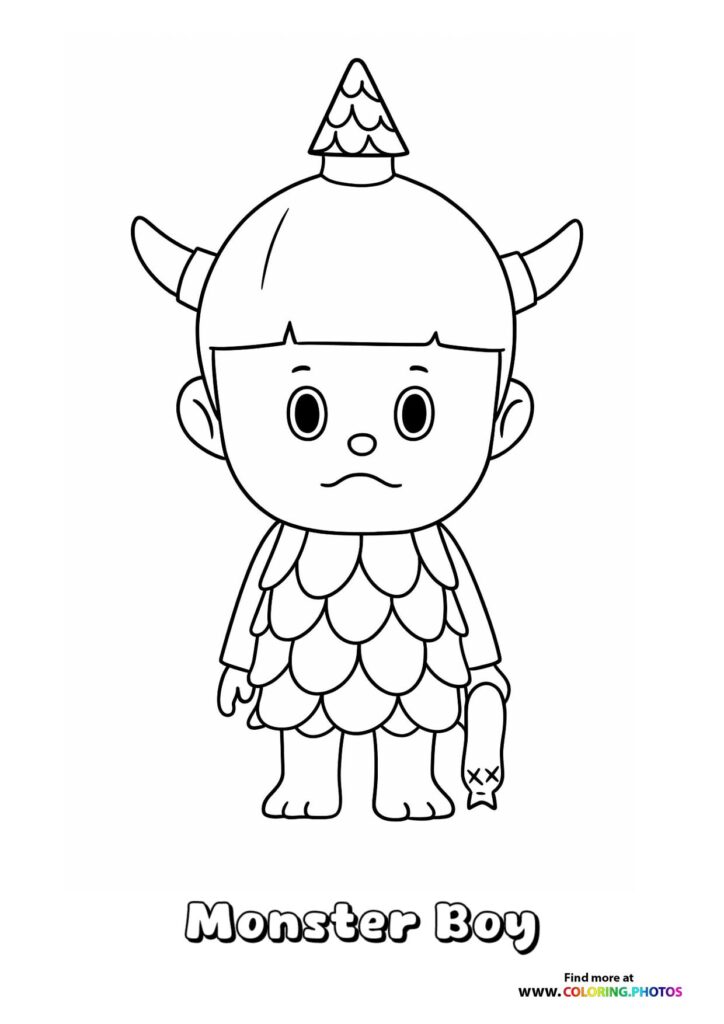 Labubu Monster Boy with horns, scaled chest armor, and cone hat coloring page