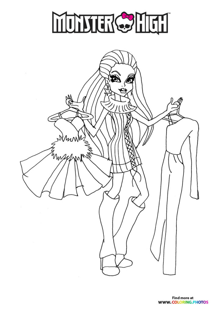 Frankie Stein from Monster High wearing a furry collar and long jacket, striking a confident pose with arms up, coloring page