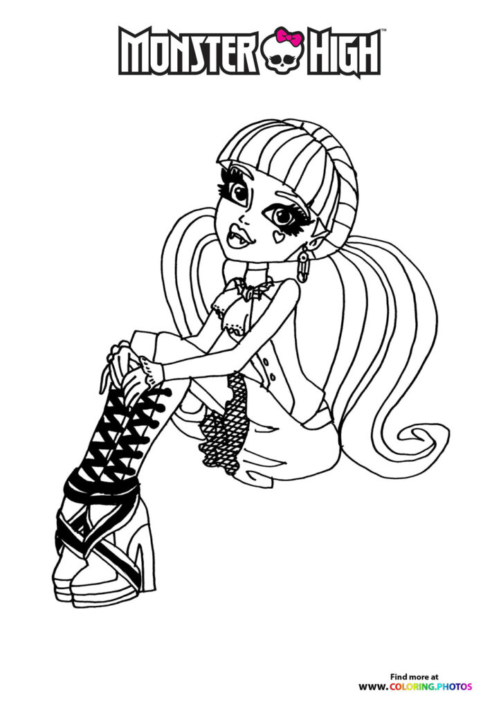 Draculaura from Monster High posing with striped hair and studded accessories coloring page