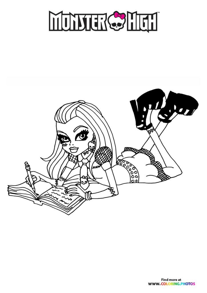 Frankie Stein lying down studying with a book coloring page from Monster High