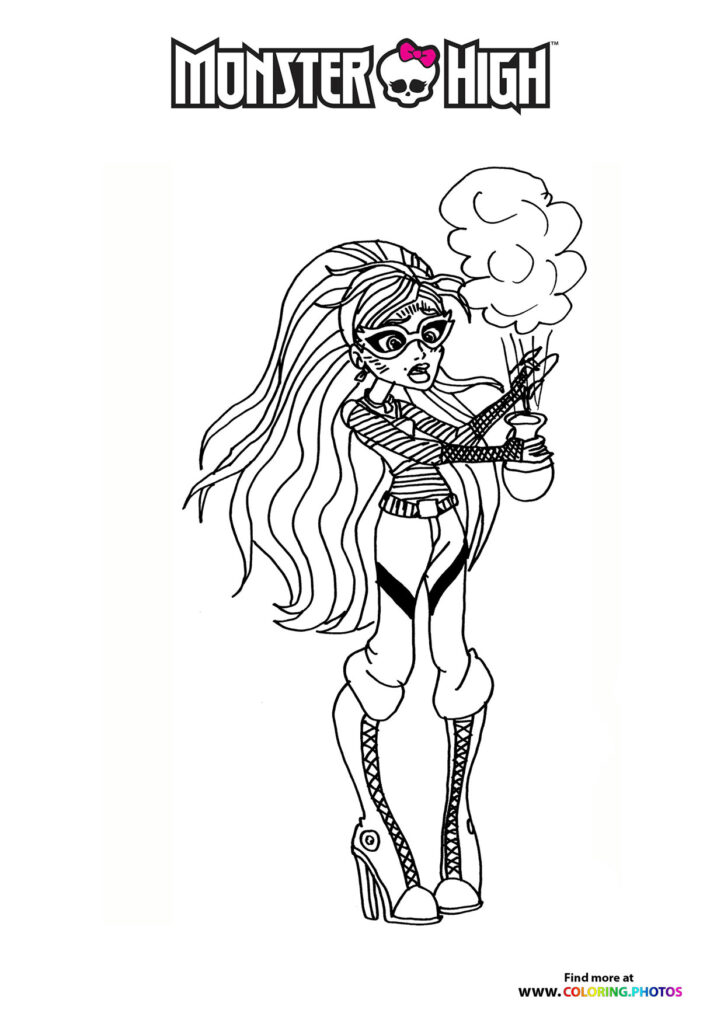 Frankie Stein holding a glowing potion bottle with bandaged outfit and long hair coloring page