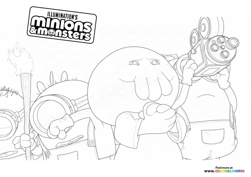 Minion holding a large rocket launcher with mechanical weapons around him coloring page from Minions and Monsters