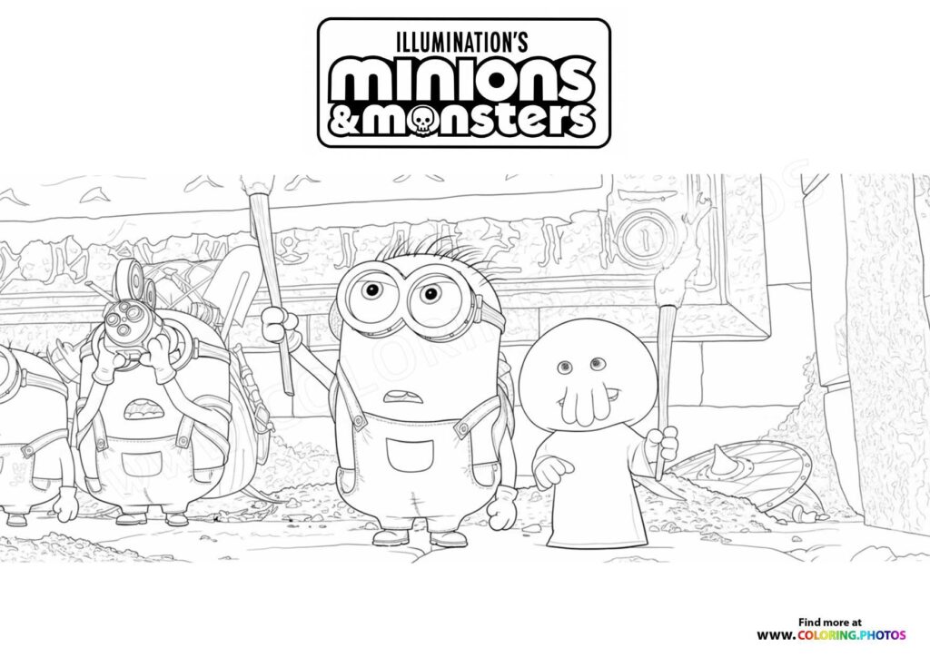 Team of minions and monsters with tools in a messy lair coloring page from Illumination's Minions and Monsters