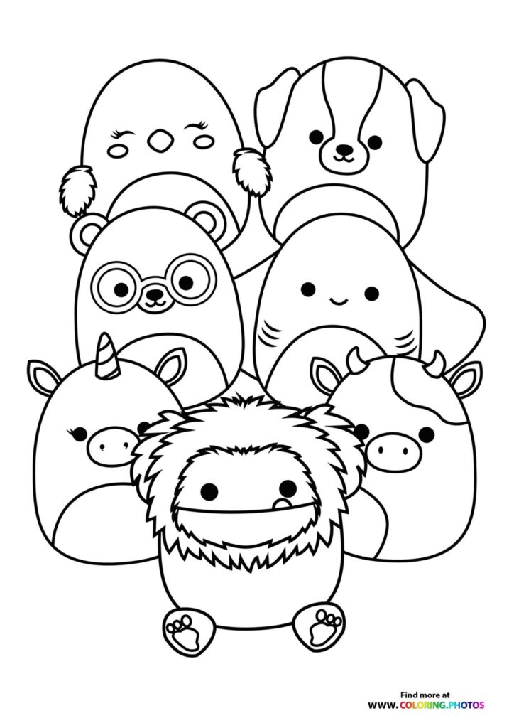 Six different Squishmallow characters huddled together, including a bear, dog, octopus, unicorn, and shaggy creature coloring page