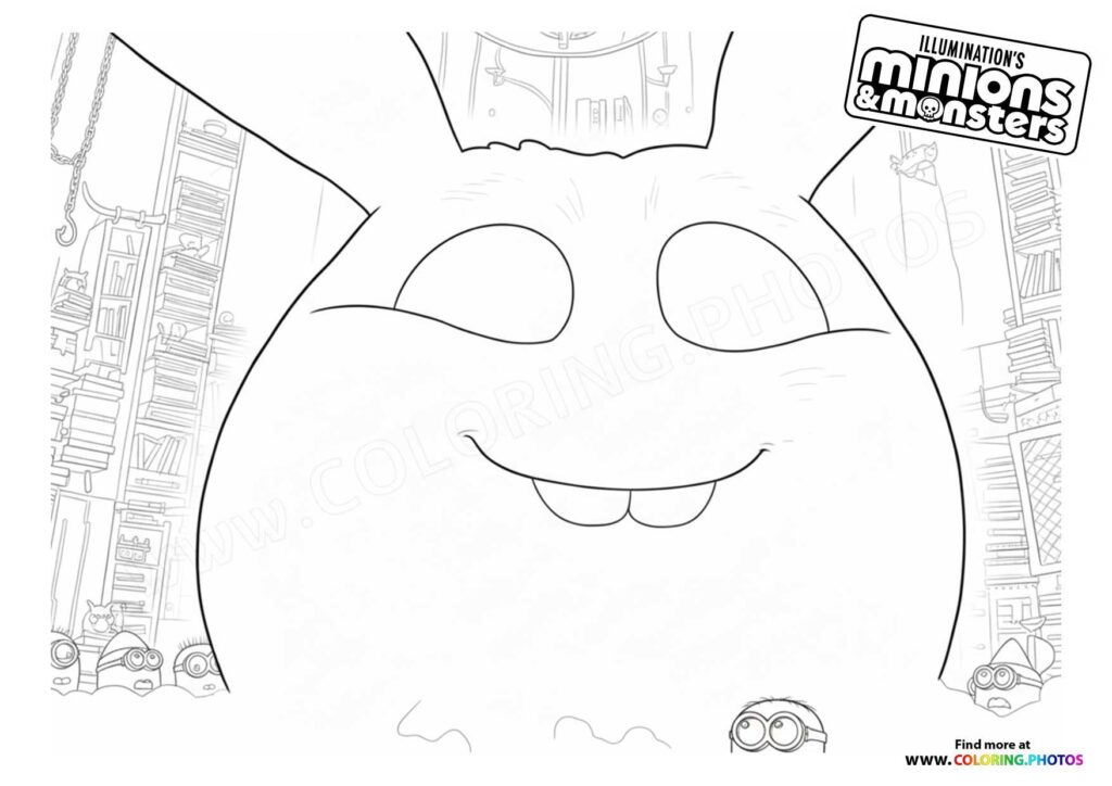 Large furry monster smiling with minions on bookshelves coloring page from Minions and Monsters