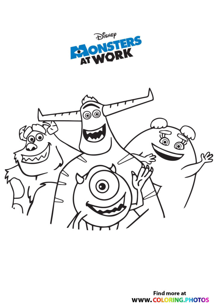 Mike Wazowski and monster friends from Monsters at Work celebrating together coloring page