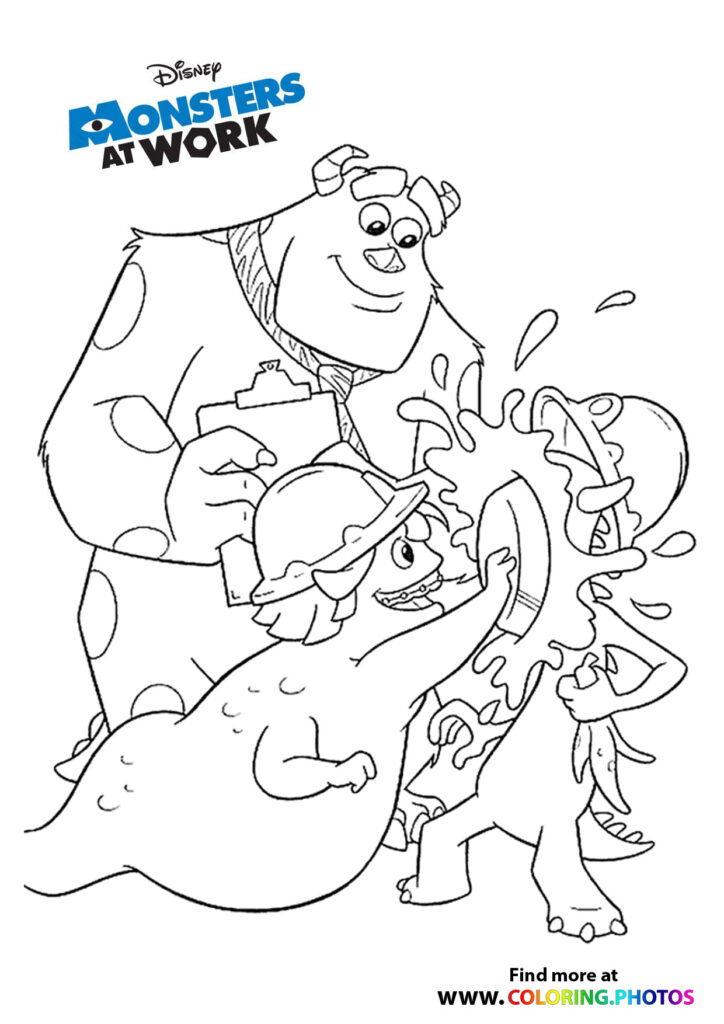 Sulley holding Mike Wazowski with Celia nearby coloring page from Monsters at Work
