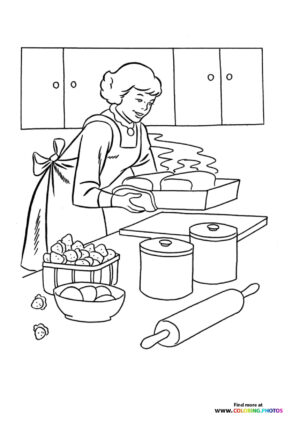 Mother preparing Thanksgiving day family dinner coloring page