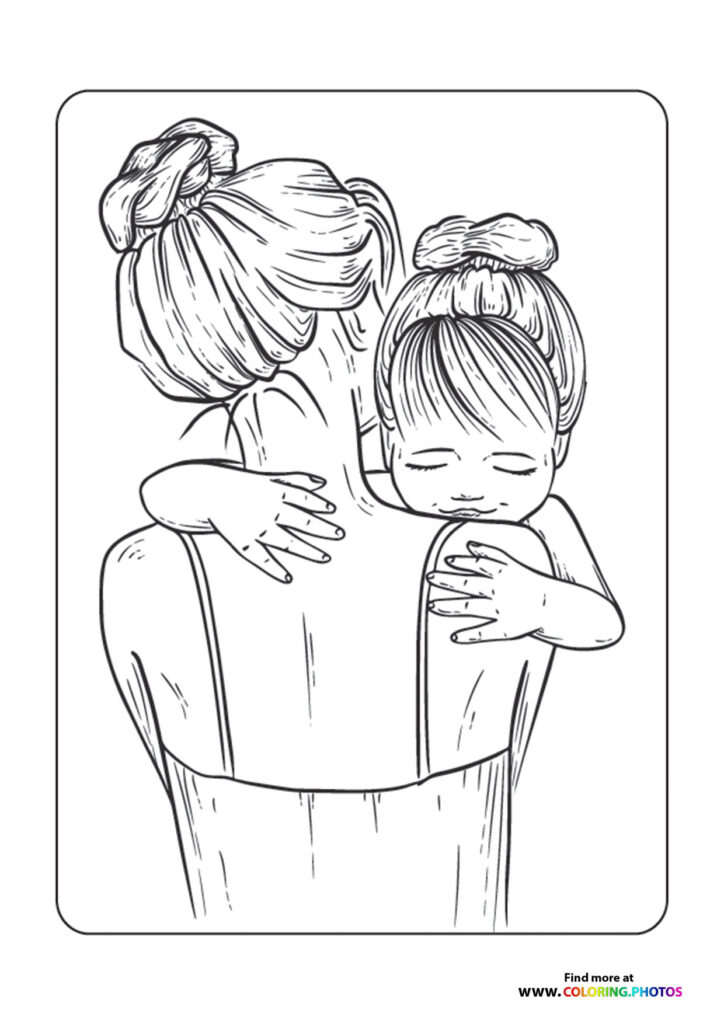 Mother holding young daughter with both wearing buns, hugging affectionately, Mothers Day coloring page