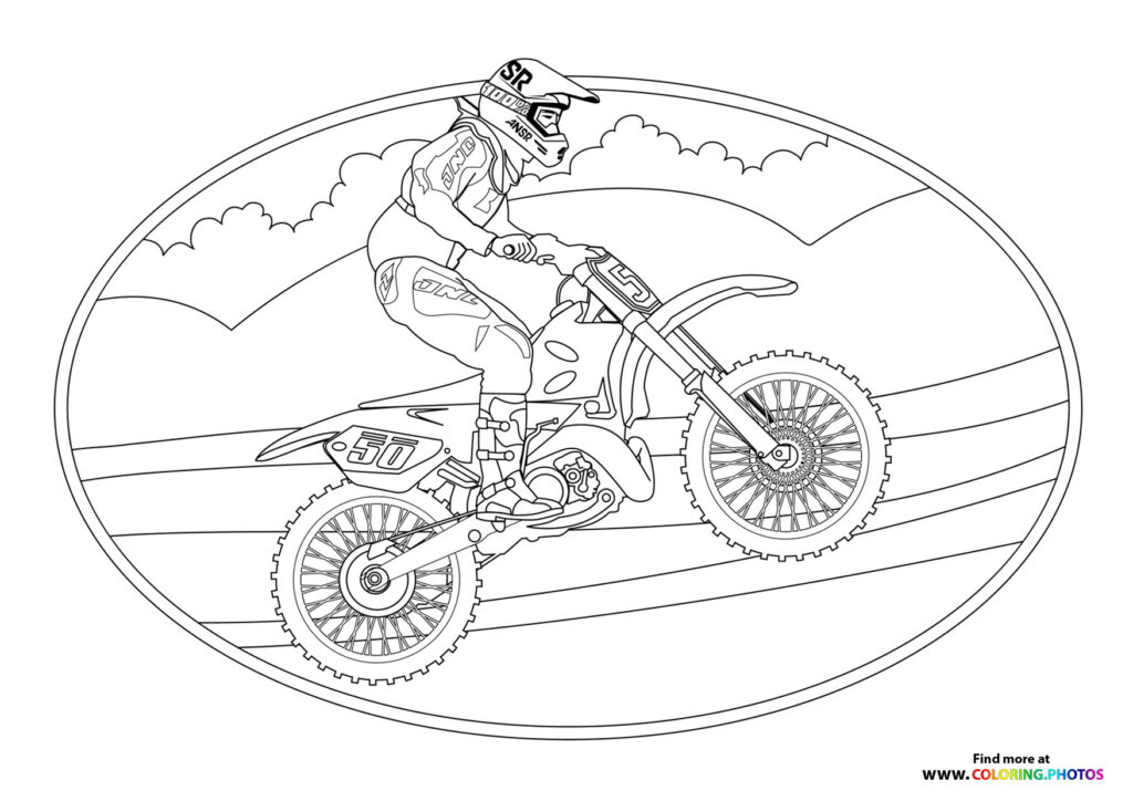 Motocross rider jumping on dirt bike mid-air with clouds and hills in background coloring page