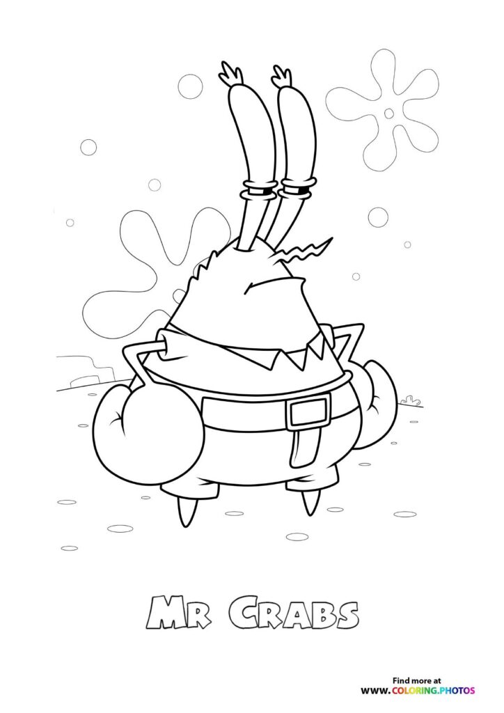 Mr. Krabs with raised claws celebrating surrounded by bubbles coloring page from Saving Bikini Bottom The Sandy Cheeks Movie