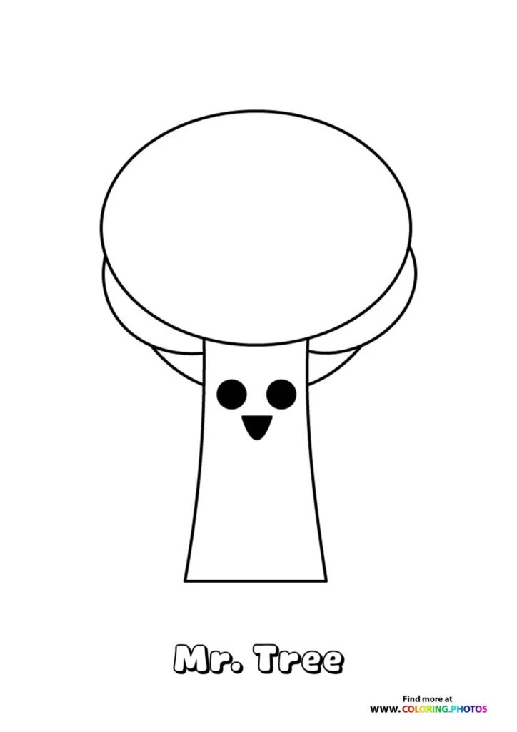 Mr. Tree from Sprunki with large round head, two eyes and triangular nose coloring page