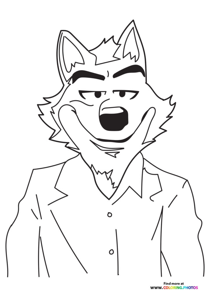 Mr. Wolf from The Bad Guys wearing a suit and smiling confidently, coloring page