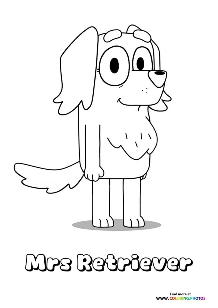 Mrs Retriever, Bluey's friendly teacher, standing with a smile and floppy ears, coloring page
