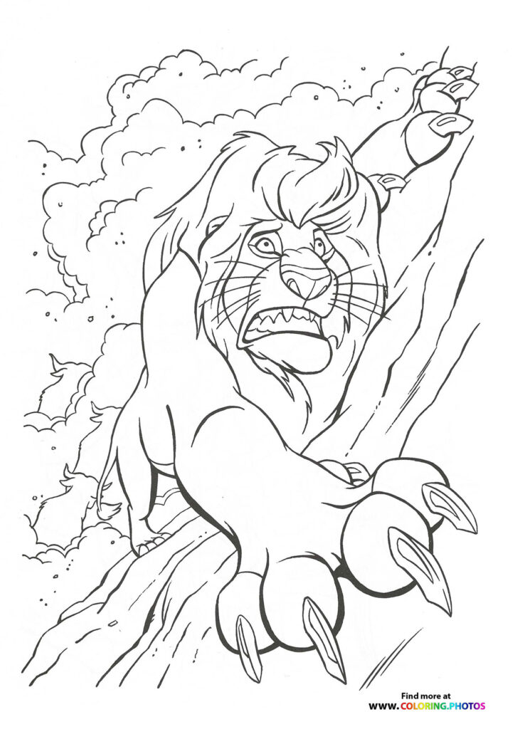 Scar roaring powerfully on a cliff with stormy clouds in the background coloring page from The Lion King