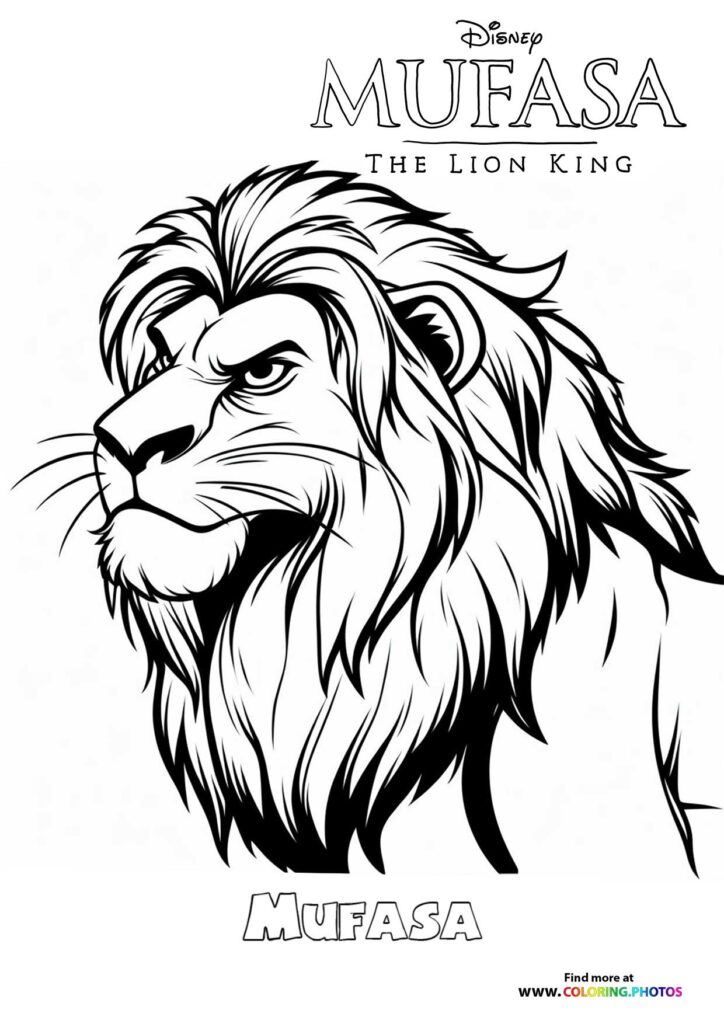 Mufasa with flowing mane and powerful expression coloring page from Disney's The Lion King