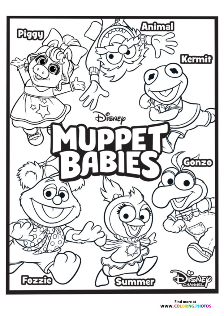 Muppet Babies cast group including Piggy, Animal, Kermit, Fozzie, Gonzo and Summer coloring page