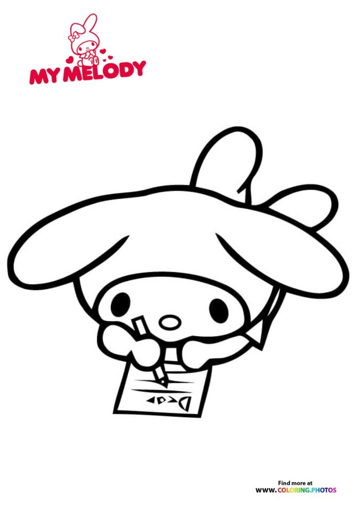 My Melody holding a pen and drawing on paper coloring page from Sanrio