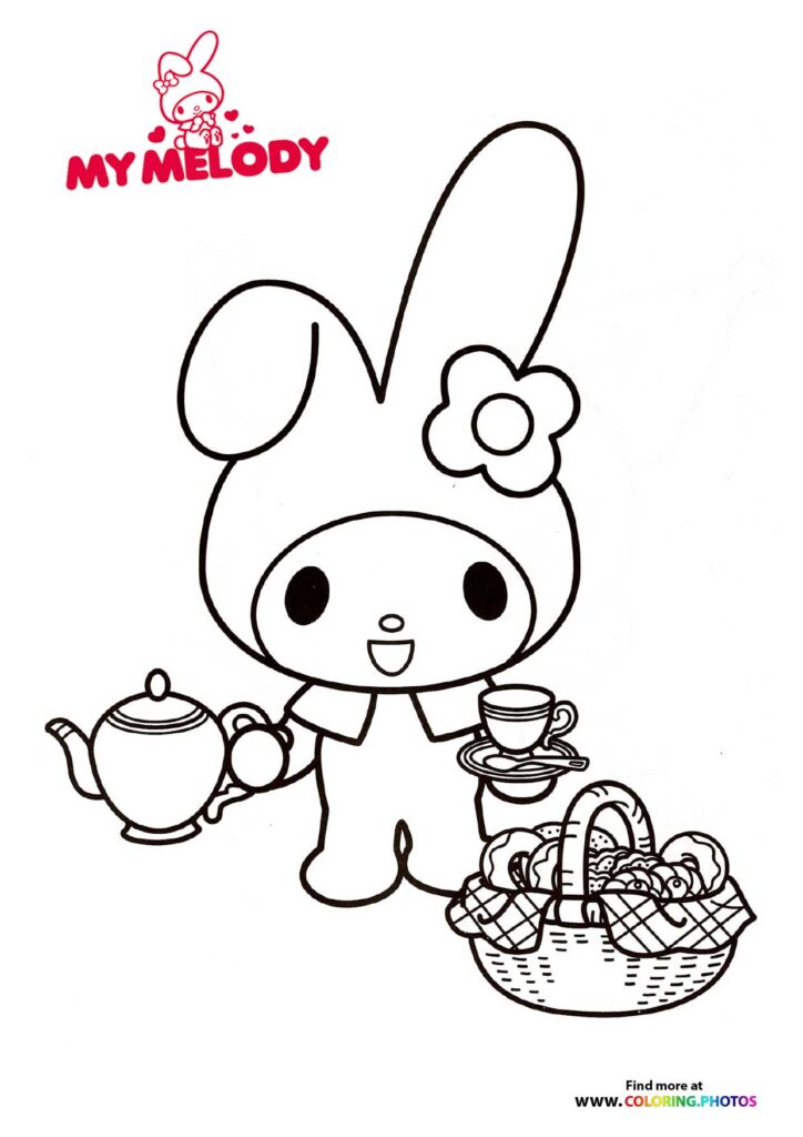 My Melody holding a teapot and teacup with a picnic basket coloring page from Sanrio