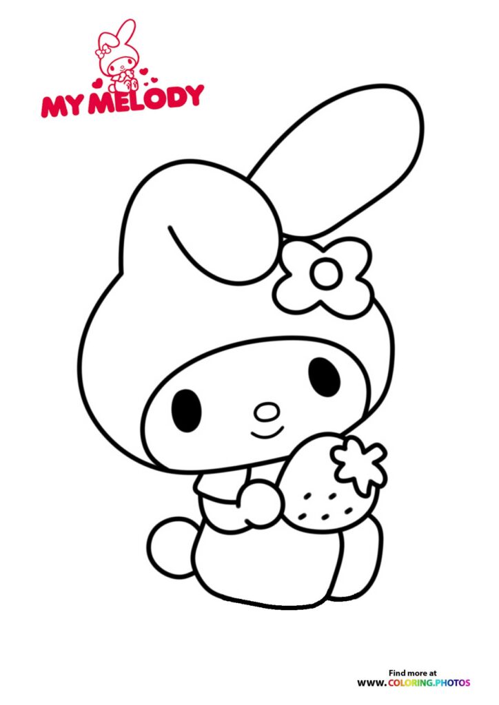 My Melody character holding a strawberry coloring page from Sanrio