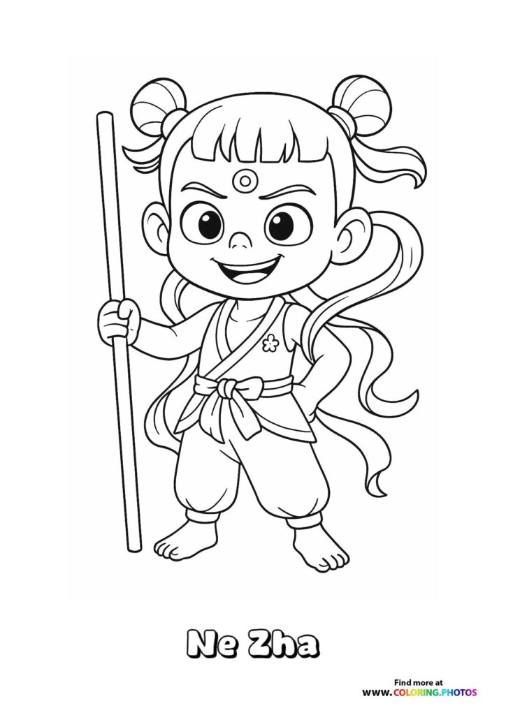 Young Ne Zha holding a staff with buns and third eye mark coloring page from Ne Zha