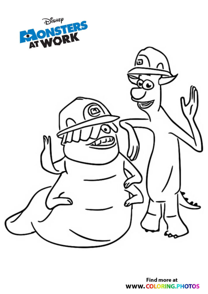 Celia and Tylor from Monsters at Work wearing work caps and smiling coloring page