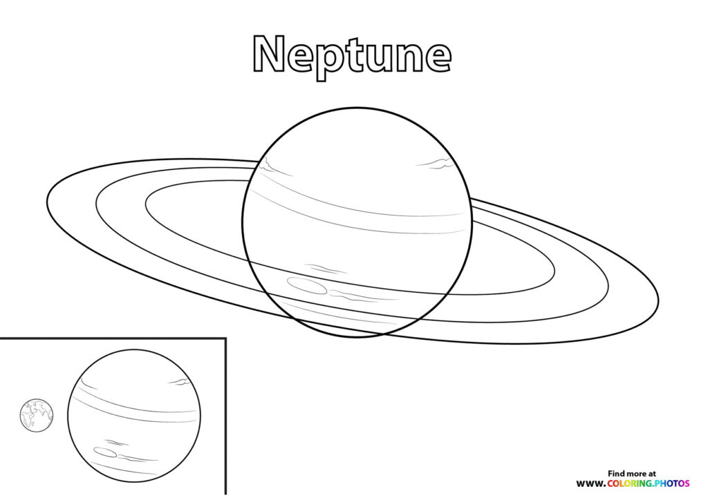 Neptune with prominent rings and atmospheric bands, size comparison with Earth coloring page