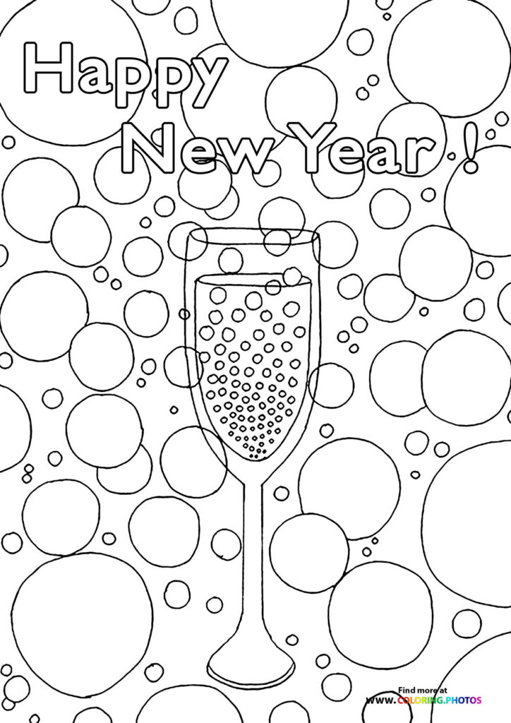 Champagne glass overflowing with bubbles and Happy New Year text coloring page