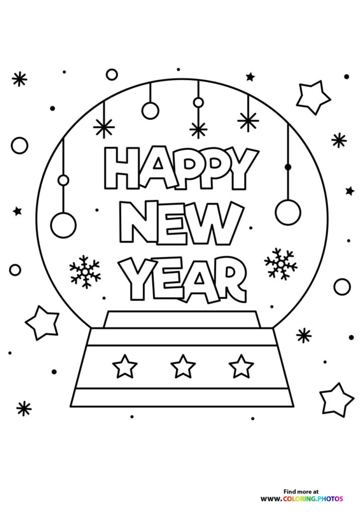 Happy New Year snow globe with ornaments and snowflakes coloring page