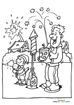 New years family fireworks coloring page