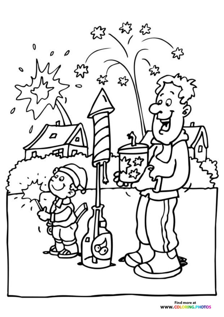 Father and child launching fireworks on New Year's Eve with explosions and stars in the sky coloring page