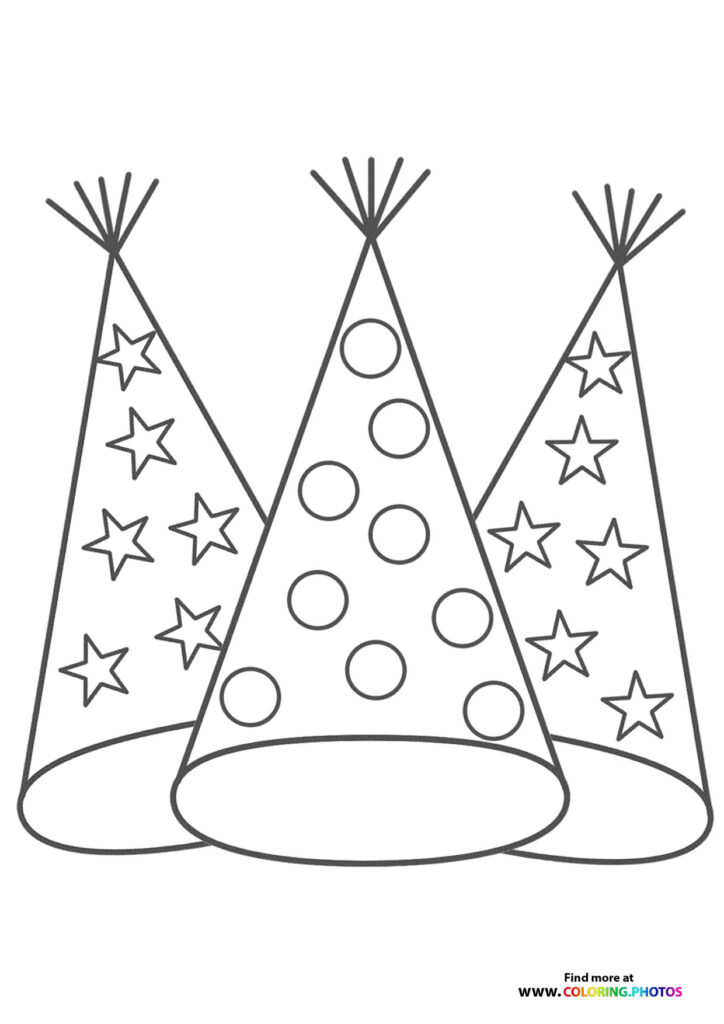 Three decorated party hats with stars and circles, New Year's Eve coloring page