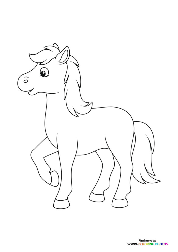 Cartoon horse with flowing mane and tail standing in profile coloring page