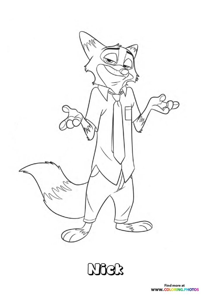 Nick Wilde wearing a business suit and tie coloring page from Zootopia 2