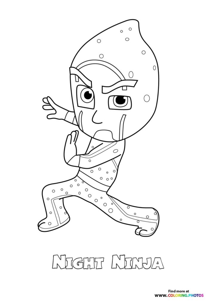 Night Ninja in spotted ninja suit and mask striking an action pose coloring page from PJ Masks