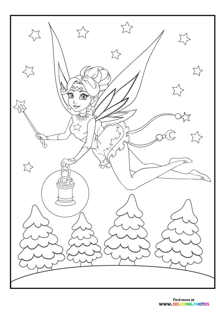 Fairy with magic wand and lantern flying over snow-covered pine trees in winter landscape coloring page