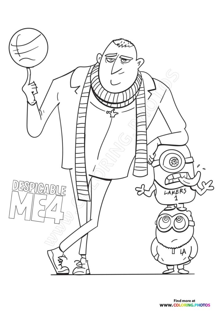 Gru holding a sad basketball with Minions Kevin and Bob standing beside him, coloring page from Despicable Me 4